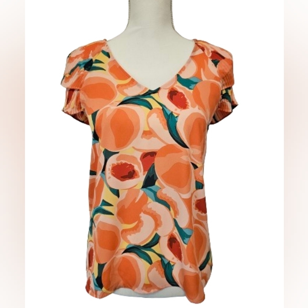 DR2 Ruffle Short Sleeve Flowy Blouse with Fruit Women's Size XS NWOT